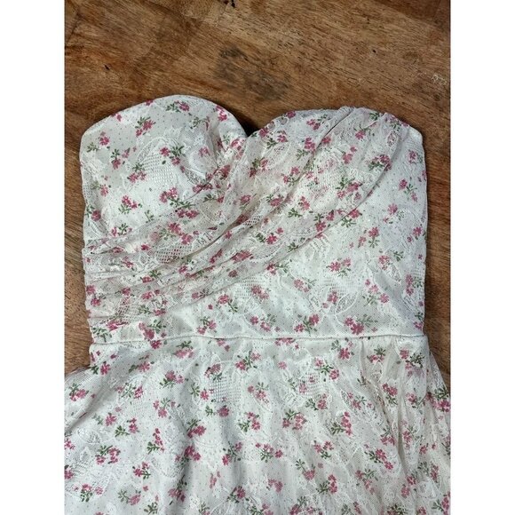 Strapless Floral Lace Midi Dress Womens S/M Smocked Bodice Cottagecore Fairy - Picture 3 of 13